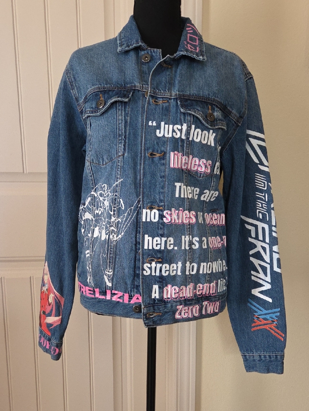 @Trixiemoonie CUSTOM DESIGN Graphic Blue Denim Jean Jacket with Pink Accents